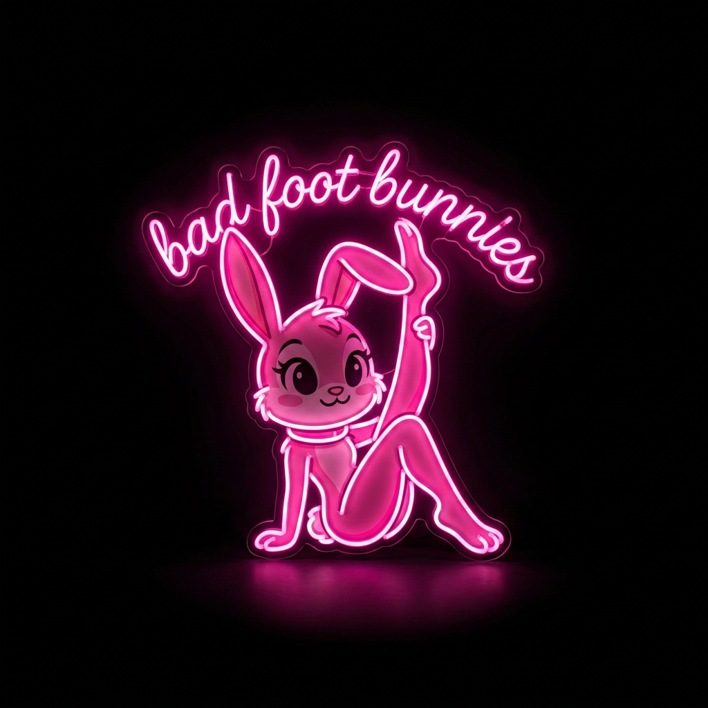 Bad Foot Bunnies pink bunny mascot with one foot playfully in the air under a neon script logo