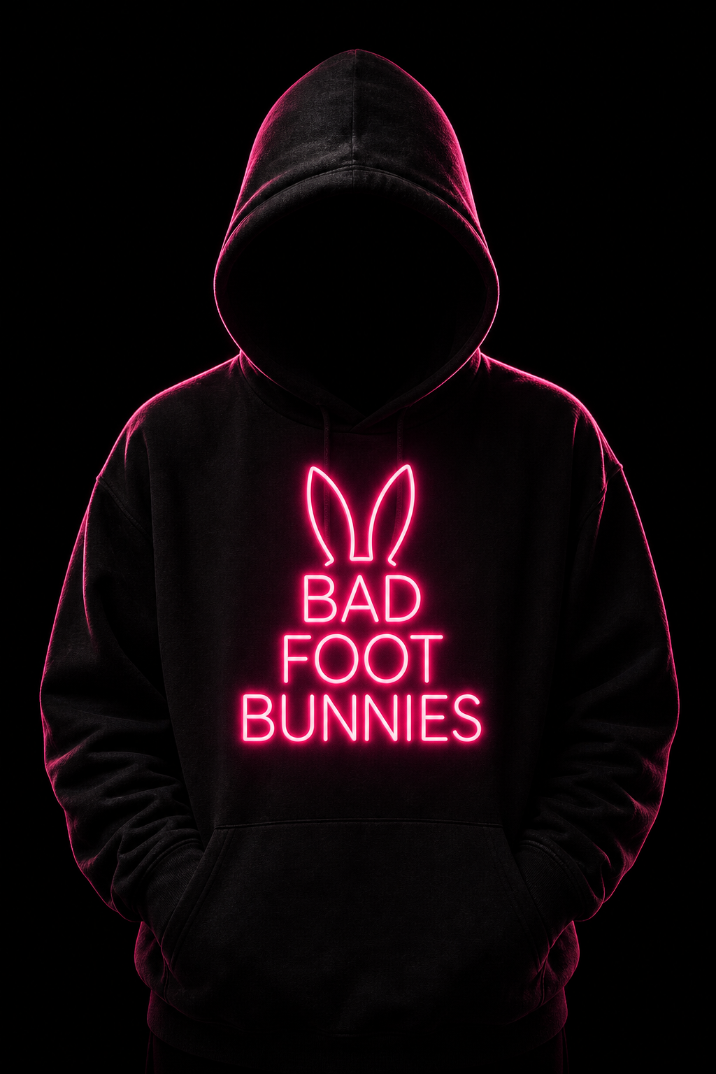 Mysterious hooded figure wearing the Bad Foot Bunnies neon logo