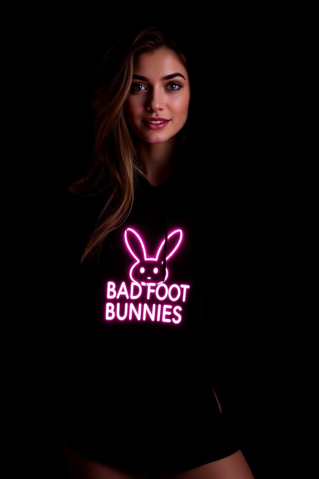 Woman wearing the Bad Foot Bunnies neon hoodie